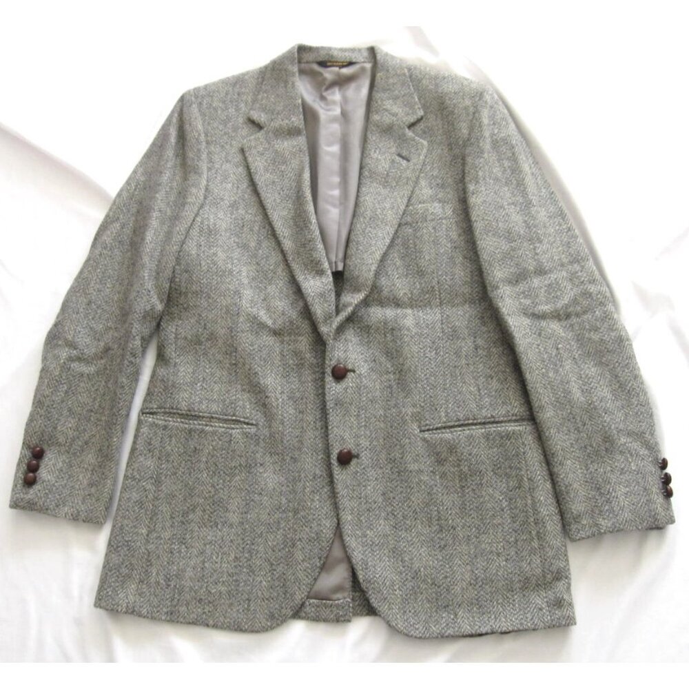 Dark Academia Harris Tweed Sport Coat 44 L Brown Herringbone Wool Jacket Vtg USA